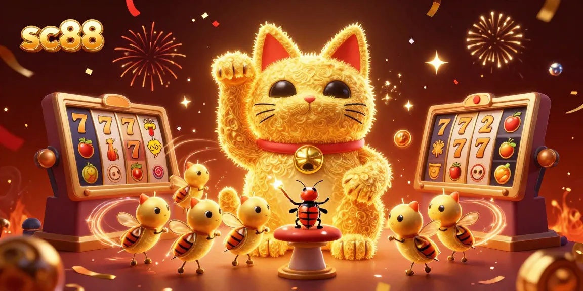Experience the excitement of sc88 with a giant lucky cat and dazzling casino symbols in a vibrant 3D illustration.