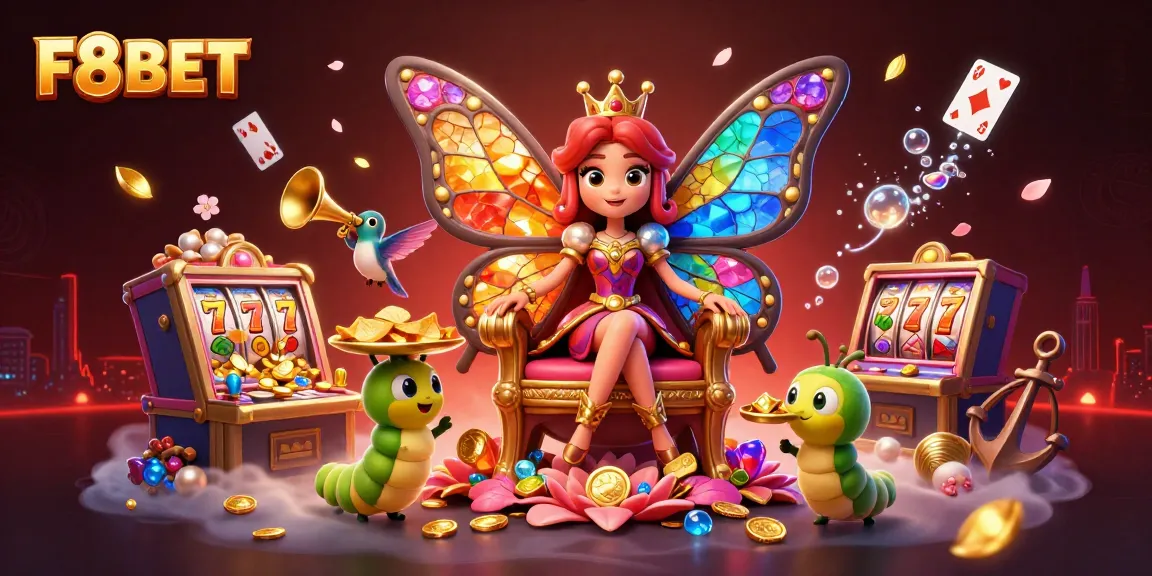 Experience thrilling gameplay with F8BET in an ultra-detailed 3D casino scene filled with vibrant characters and rich casino elements.