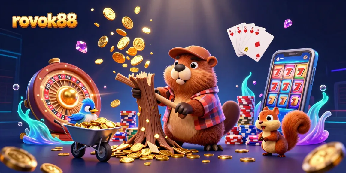 Spin to win at rokok88 with a 3D cartoon lumberjack beaver amidst golden coins and exciting casino elements.