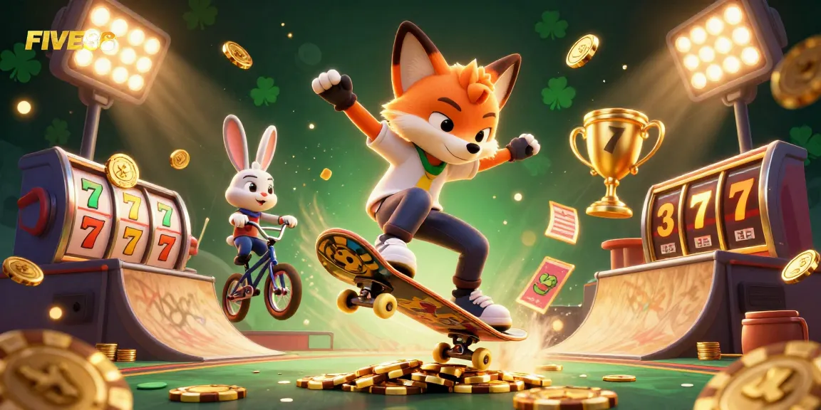 Experience the thrill of FIVE88's casino games with a dynamic illustration filled with action-packed gaming elements.