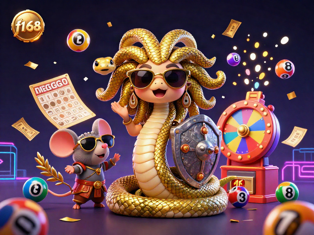 Engage with f168 as Medusa, a warrior mouse, and lottery elements celebrate dynamic gaming excitement.