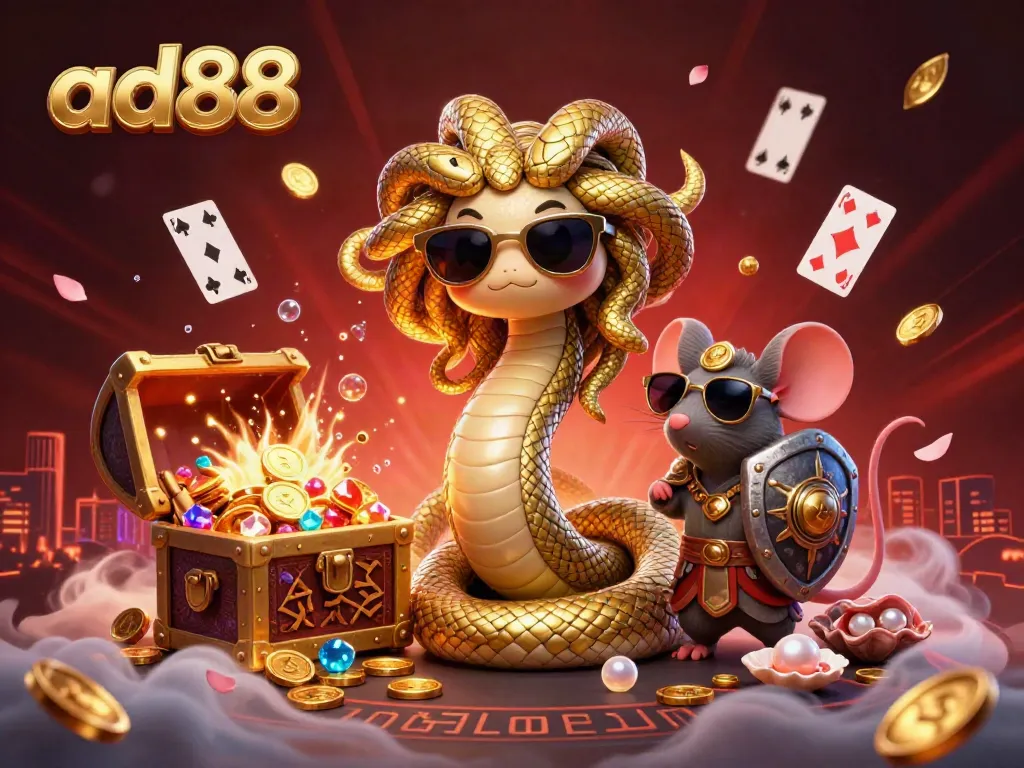 Engage in thrilling games at ad88, with our Medusa and warrior mouse characters amidst treasure and excitement.