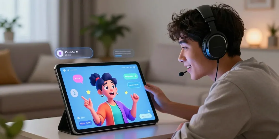 Engaging conversation with crushon ia character AI on tablet in a cozy, modern setting.