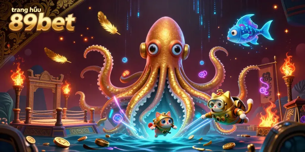 Engage with a thrilling scene of the trang chủ 89bet illustrated with a colossal kraken and diving cat amidst golden treasures, emphasizing a vibrant casino atmosphere.
