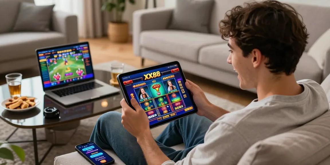Experience online gambling excitement with XX88 platform on tablet in a cozy living room setting.