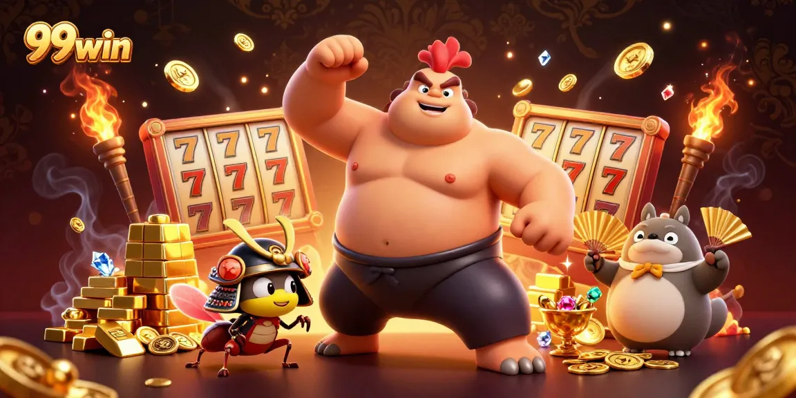 Experience thrilling gameplay at 99win with a dynamic casino illustration featuring vibrant characters and game elements.