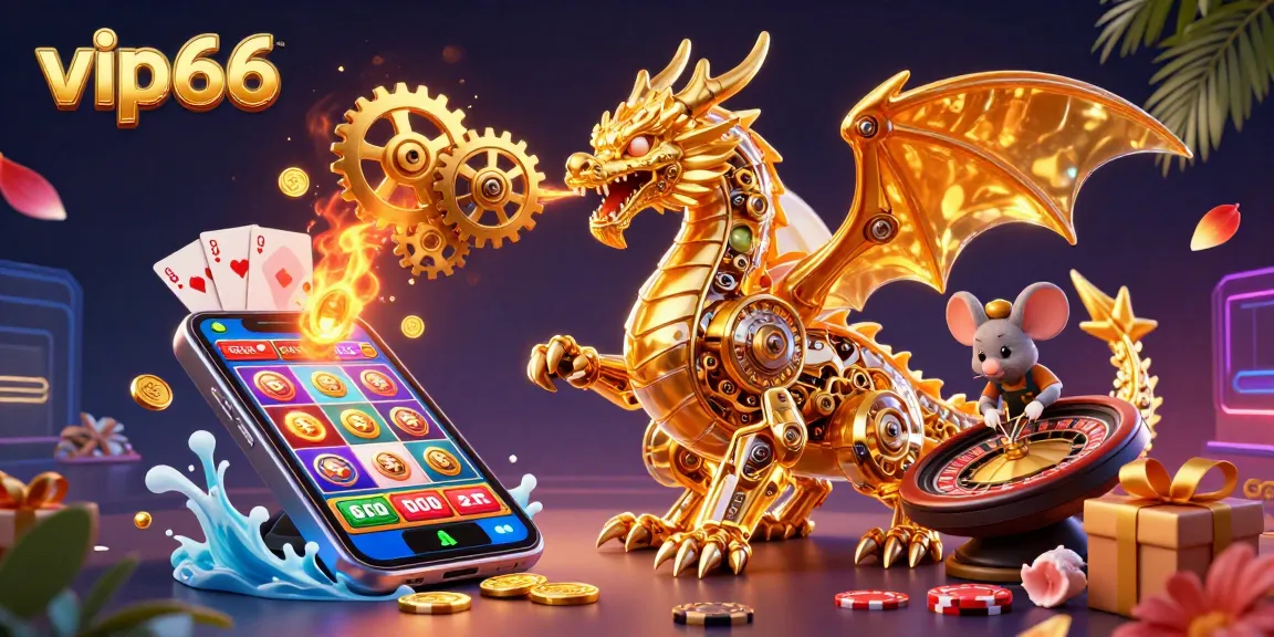 Experience vip66 with a dynamic scene featuring a golden dragon and vibrant casino elements.