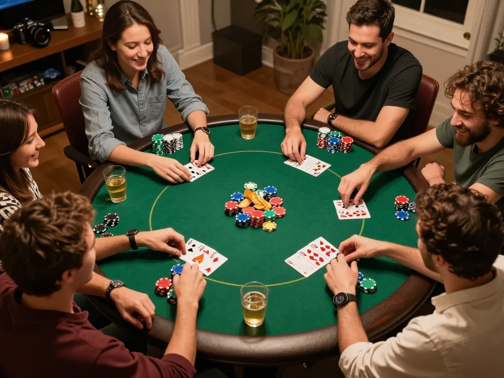 79win players enjoying a lively home poker game night, with cards and chips visible, friendly atmosphere.