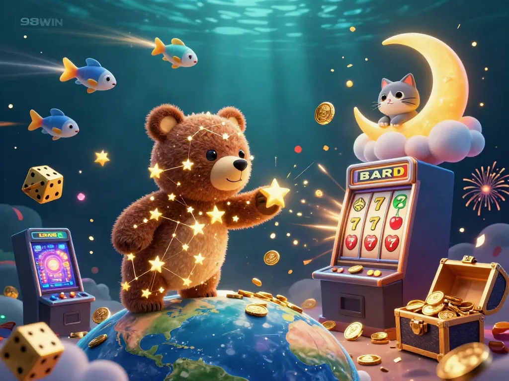 Experience excitement at 98WIN with a vibrant casino scene featuring celestial characters and jackpots.