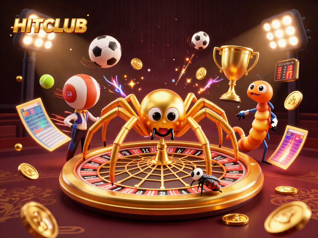 Experience the HITCLUB betting scene with a golden spider, fly, and centipede croupier surrounded by dynamic casino visuals.
