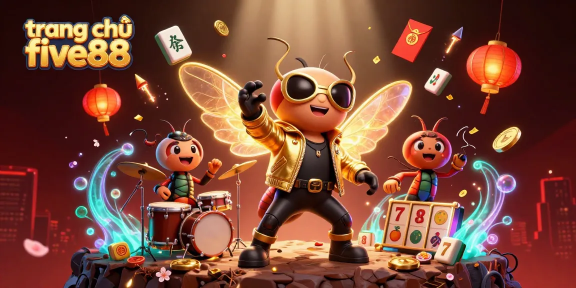 Immerse in the excitement with trang chủ five88 as a cicada rock star performs amidst dazzling casino symbols.