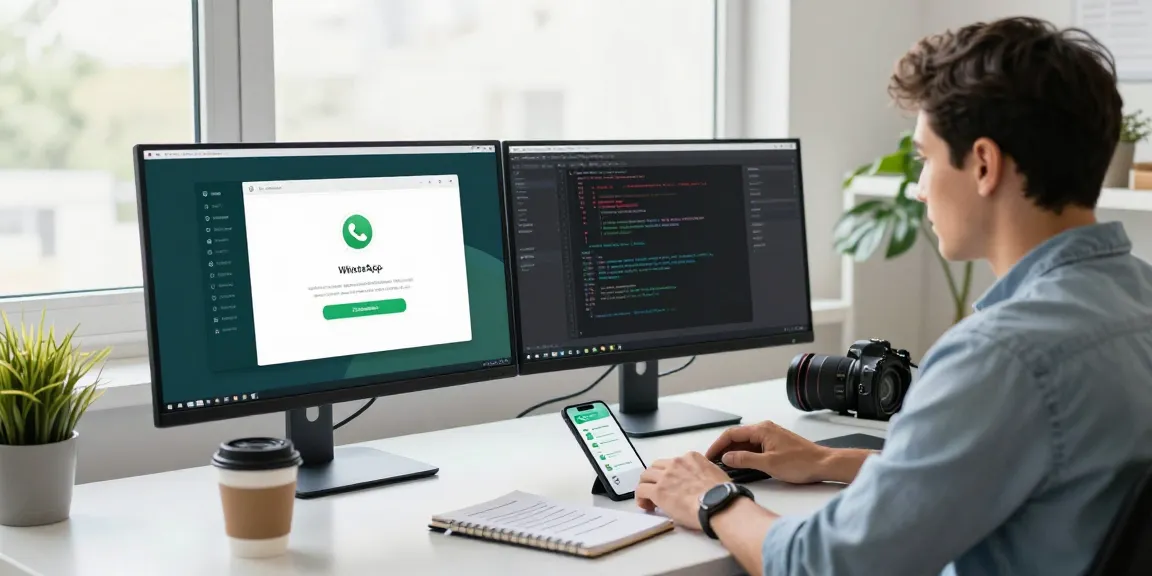 Developer using WhatsApp網頁版 in a modern workspace, dual monitors, and a smartphone.