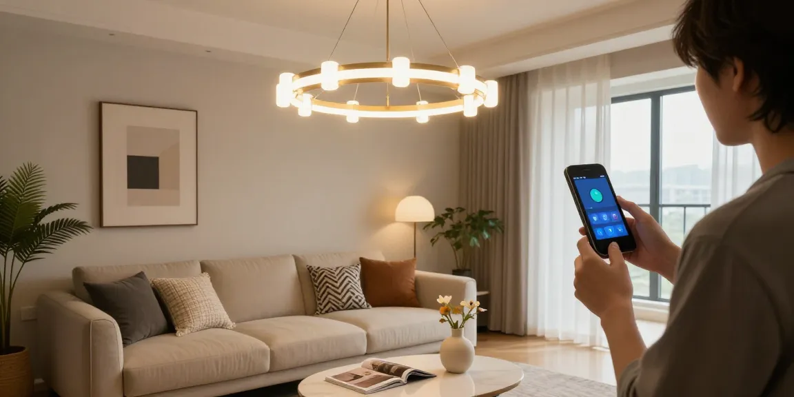 Candelabru living elegant în camera de zi cu iluminare modernă și atmosferă primitoare.