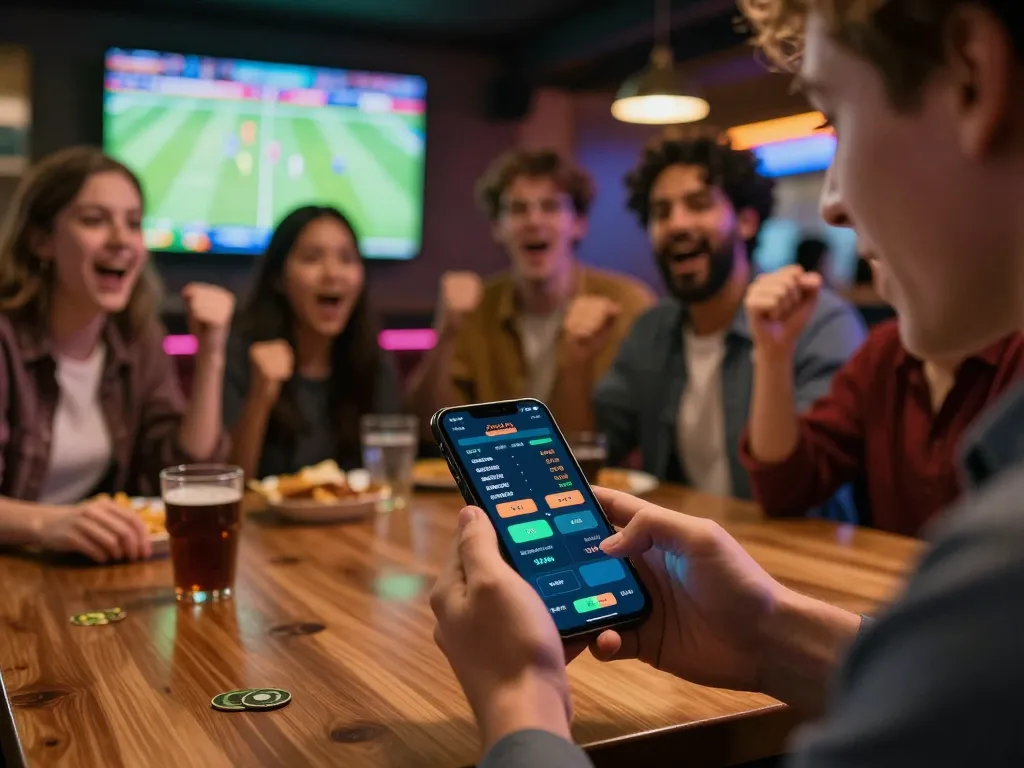 Engaging in kèo nhà cái 88 sports betting via smartphone at a lively sports bar with friends