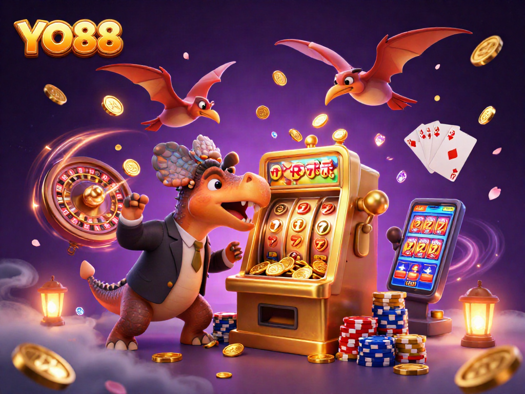 Experience thrilling jackpots at YO88 with an epic 3D casino adventure illustration featuring dynamic characters and shimmering coins.
