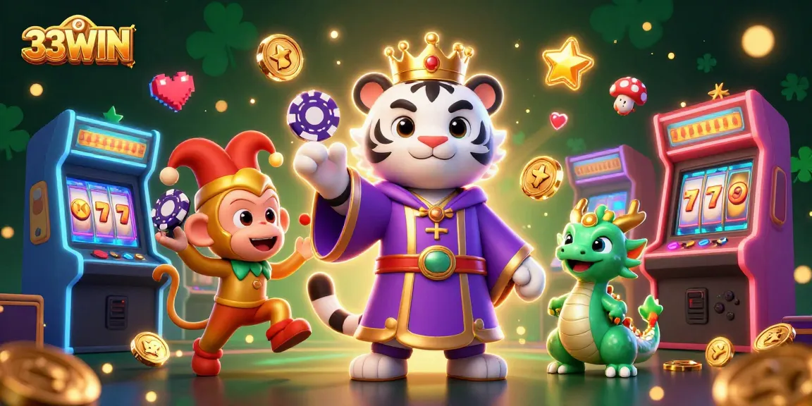 Experience thrilling gameplay at 33WIN, where an elegant tiger, playful monkey, and animated dragon celebrate exciting casino wins.