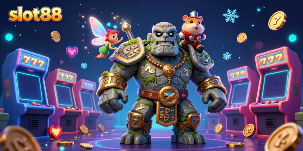 Engage with slot88's thrilling 3D casino experience featuring a golem guardian, magical fairy, and hamster knight.