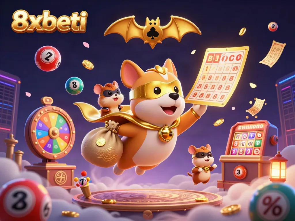 Engage in thrilling casino fun with 8xbeti's superhero dog and sidekick hamster amidst vibrant game elements.