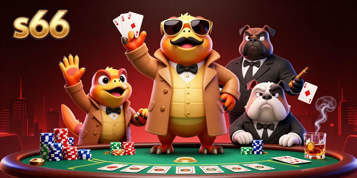 Experience thrilling poker action with s66 in a fun casino atmosphere featuring raptors and a bulldog bouncer.