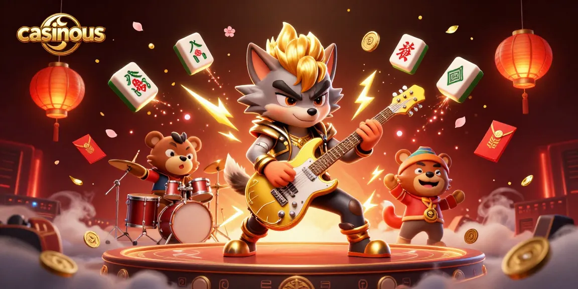 Casinous brings excitement to the stage with a rock star wolf and a drummer bear surrounded by glowing casino elements.
