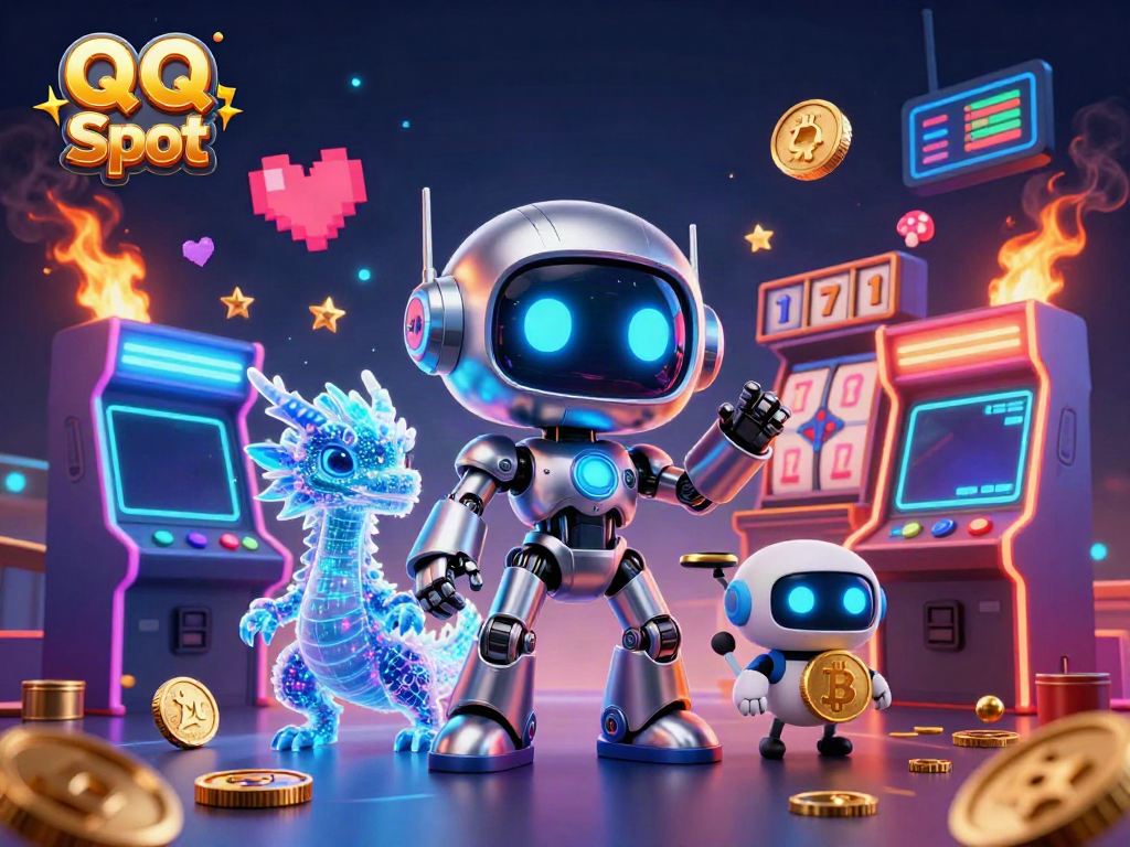 Engaging QQ Slot illustration featuring a cyberpunk robot with its AI dragon and bitcoin drone amidst dynamic casino elements.