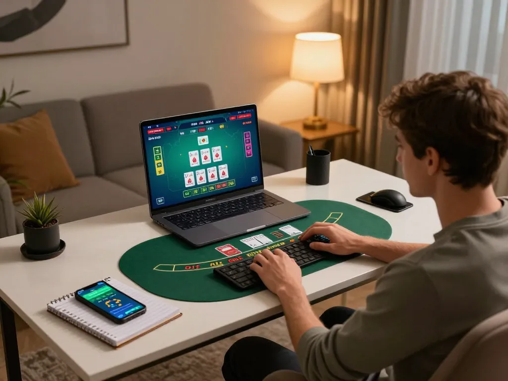 Player engaging in live dealer blackjack on vuabet88i with stylish home gaming setup