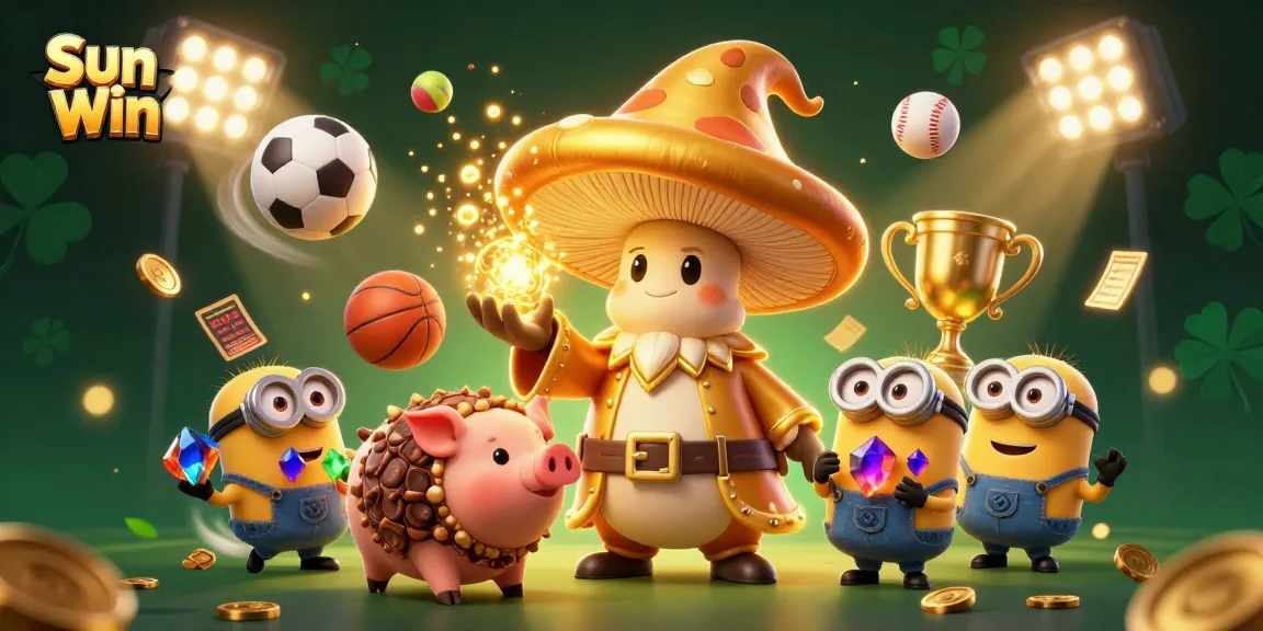 Engage with Sun Win's thrilling sports betting action featuring dynamic characters, golden treasure, and lively game elements.