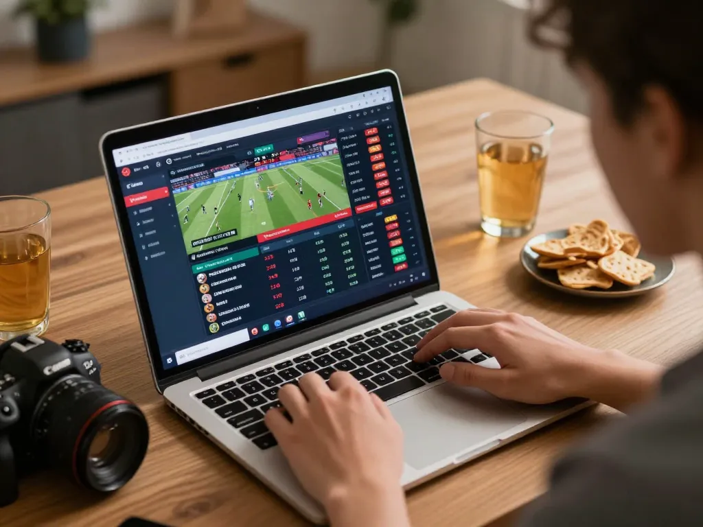 Engaging in sports betting online with Link mới Lu88 on a laptop, showcasing excitement and strategy.