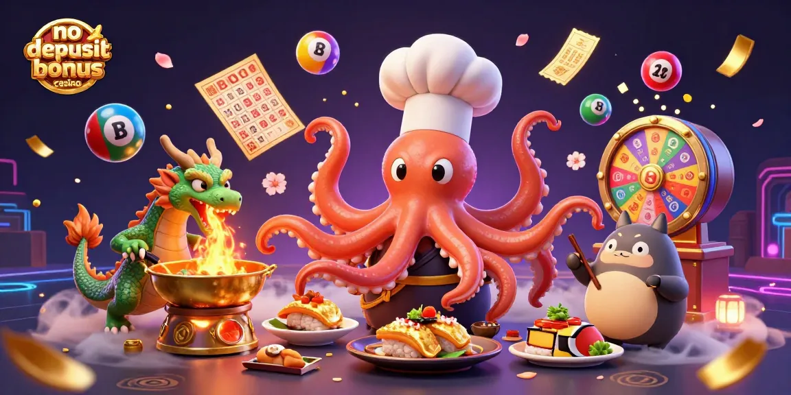 No deposit bonus casino illustration featuring characters preparing vibrant dishes amidst a colorful gaming backdrop.