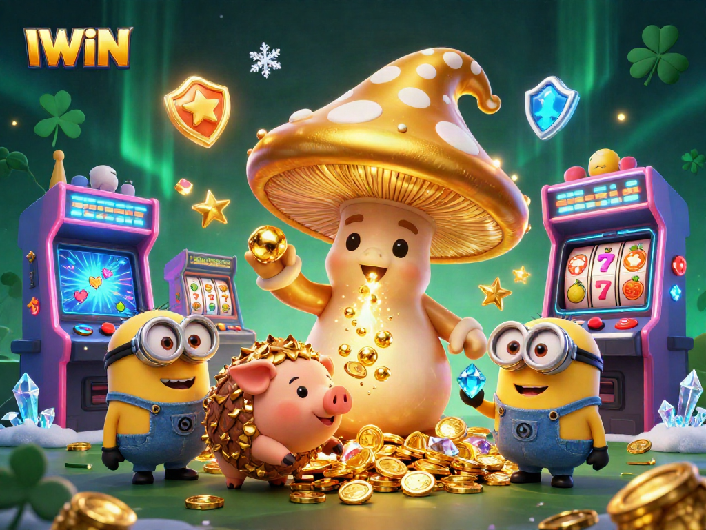 IWIN casino gaming scene showcasing the magical golden mushroom wizard, treasure hunting, and vibrant game elements.