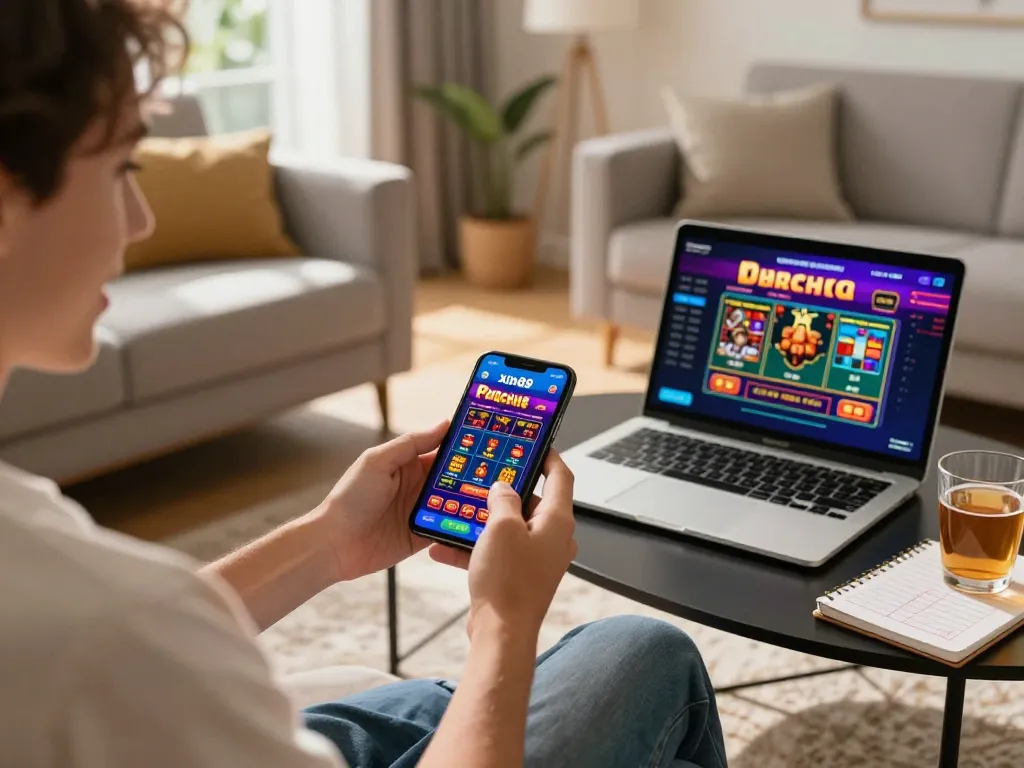 Engaging in strategic xin88 mobile betting in a cozy home setting with vibrant game display.