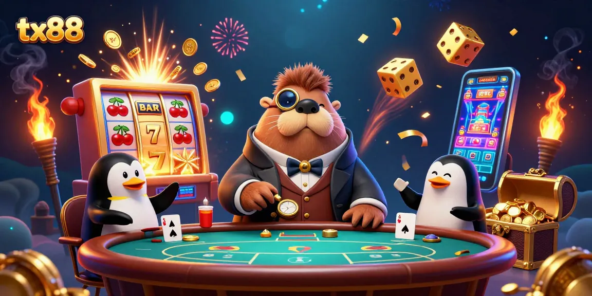 Exciting tx88 casino scene showcasing a jolly walrus, sophisticated penguin dealer, and bluffing pufferfish.