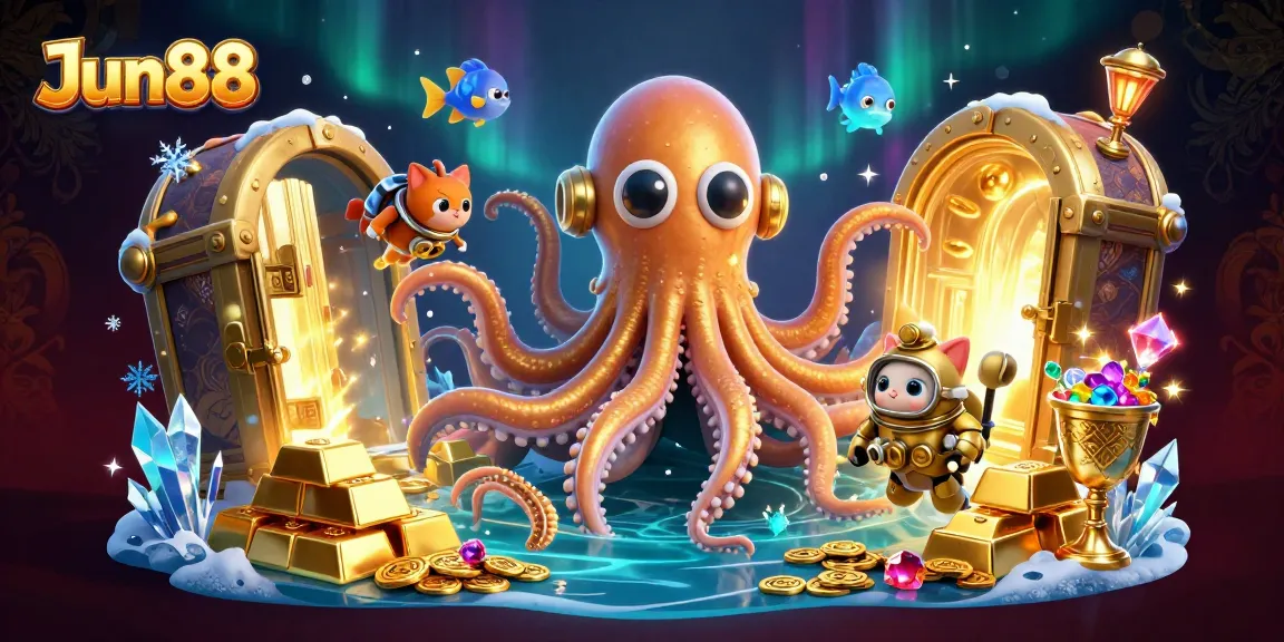 Engage with Jun88 and uncover treasure with the kraken and diving cat amidst gold and jewels.