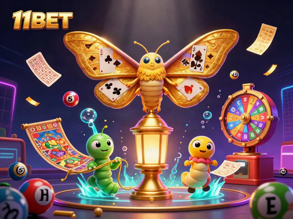 Experience 11BET excitement with a dynamic lottery scene featuring vibrant elements and glowing characters.