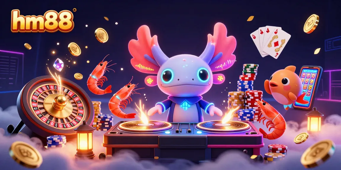 Experience the vibrant hm88 casino scene with a neon axolotl DJ and dynamic gaming elements.