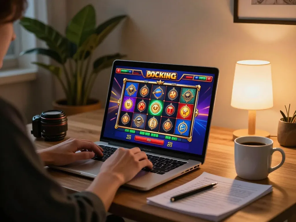 Playing online slots on Jun88 with a laptop in a cozy, ambient room.
