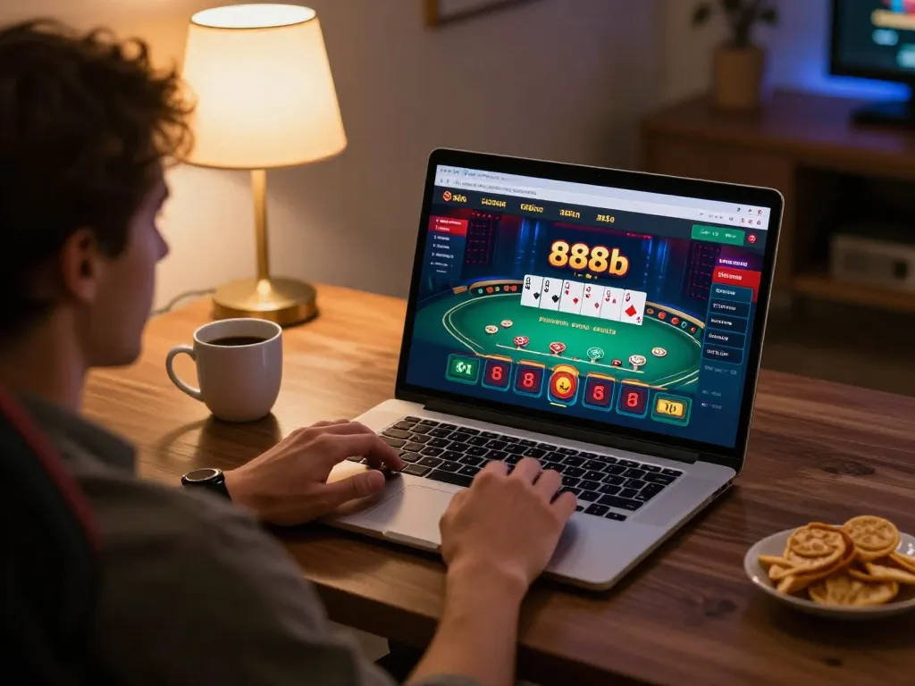 Player engaged with 888b online blackjack game on a laptop in a cozy home setting