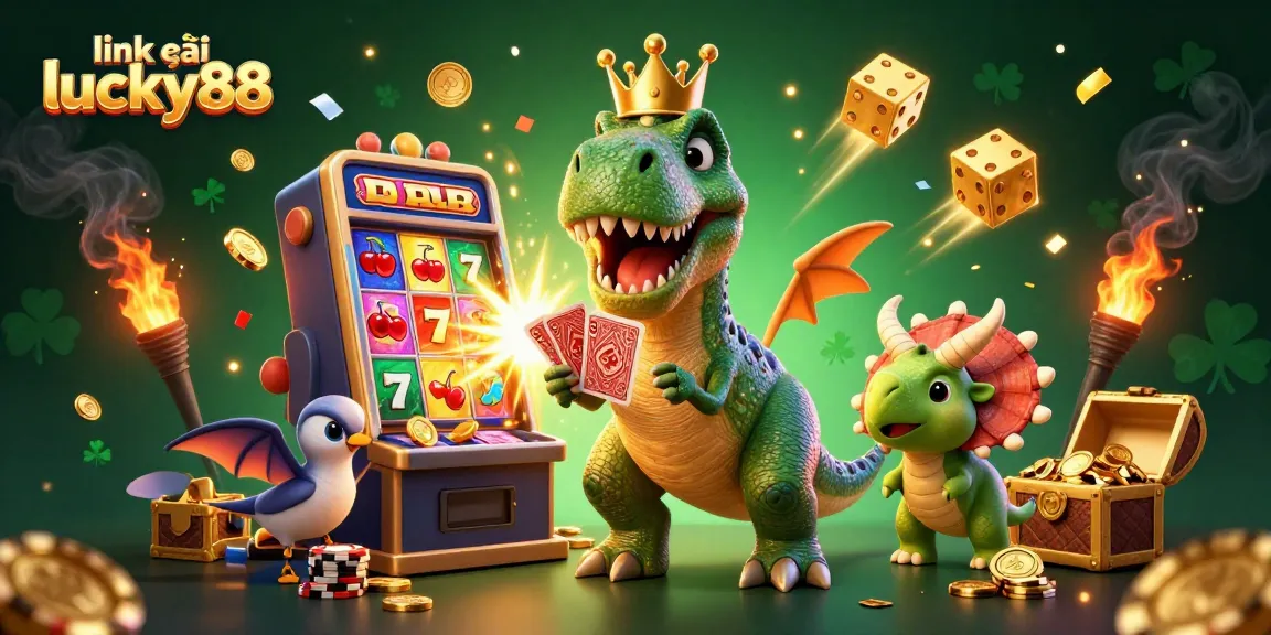 Play exciting games with link vào lucky88 featuring a T-Rex shuffling cards alongside a pterodactyl and triceratops.