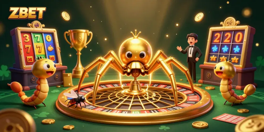 ZBET spins the roulette wheel of chance with a golden spider and centipede croupier in a colorful casino.