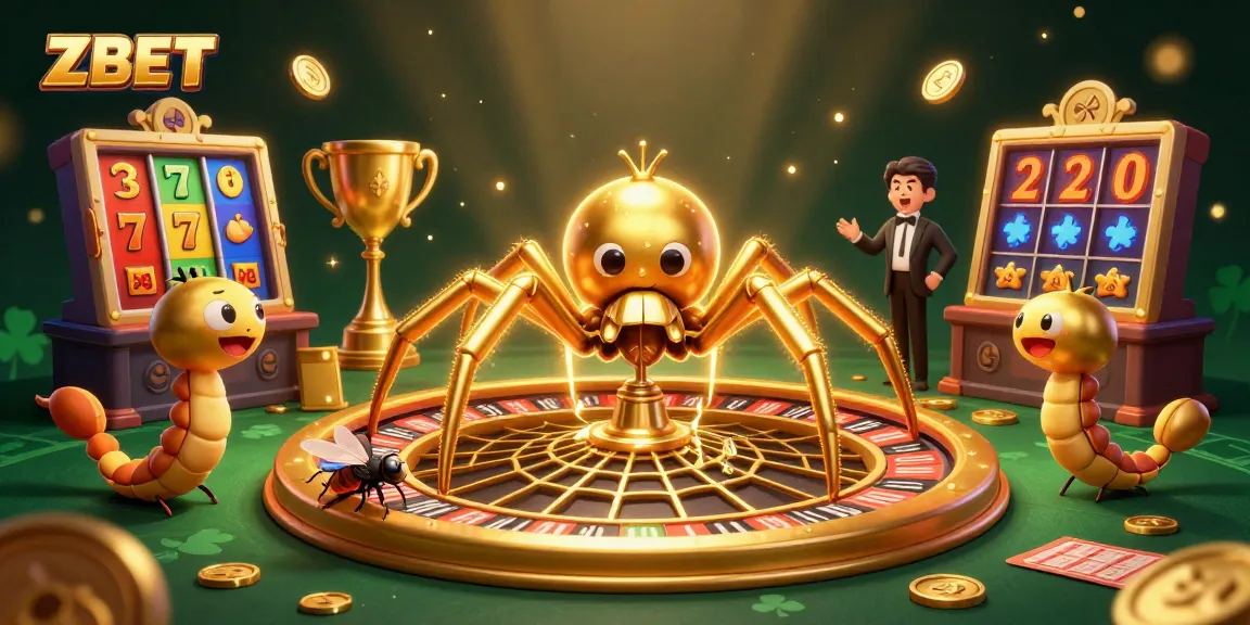 ZBET spins the roulette wheel of chance with a golden spider and centipede croupier in a colorful casino.