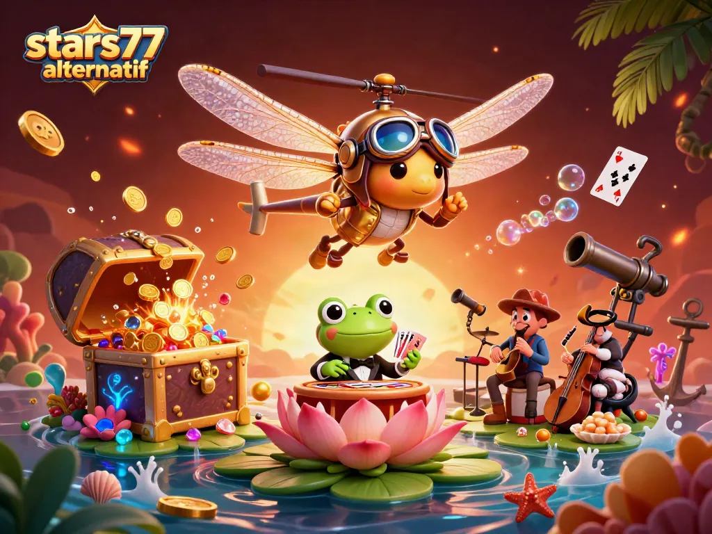 Permainan kartu yang menarik di stars77 alternatif dengan dealer katak dan pemusik jangkrik, suasana kasino mengagumkan.