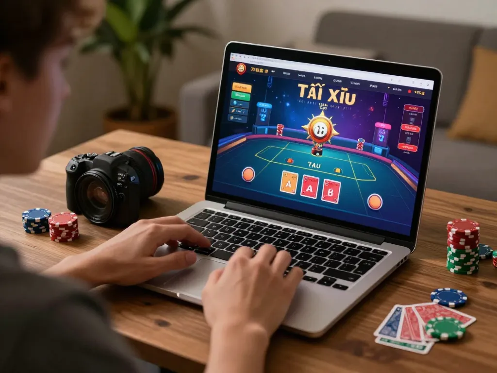Tài Xỉu online game session displayed on a laptop, player engaged in live dealer action