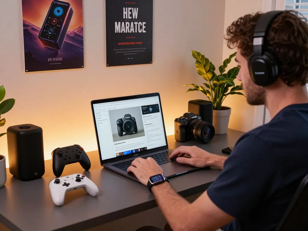 Showcase of the best tech gadgets for men in a modern workspace, featuring stylish Bluetooth devices.