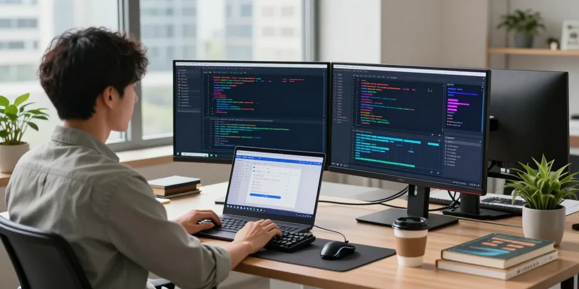 快连 software download setup at a modern tech workspace featuring multiple monitors and green plants, showing a productive atmosphere.
