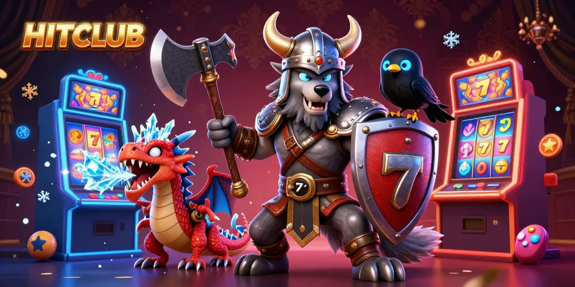 Spin the reels at HITCLUB with Viking warriors battling alongside colorful slot machines.