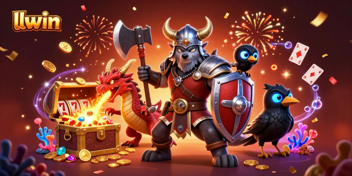 Experience exhilarating wins at llwin with a roaring Viking warrior and mystical elements in this casino-themed illustration.