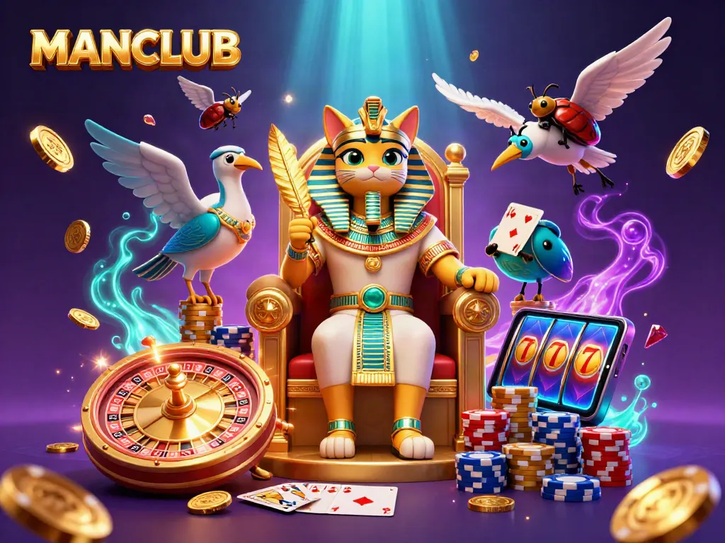 Engage with MANCLUB's vibrant casino action featuring a pharaoh cat and dazzling game elements.