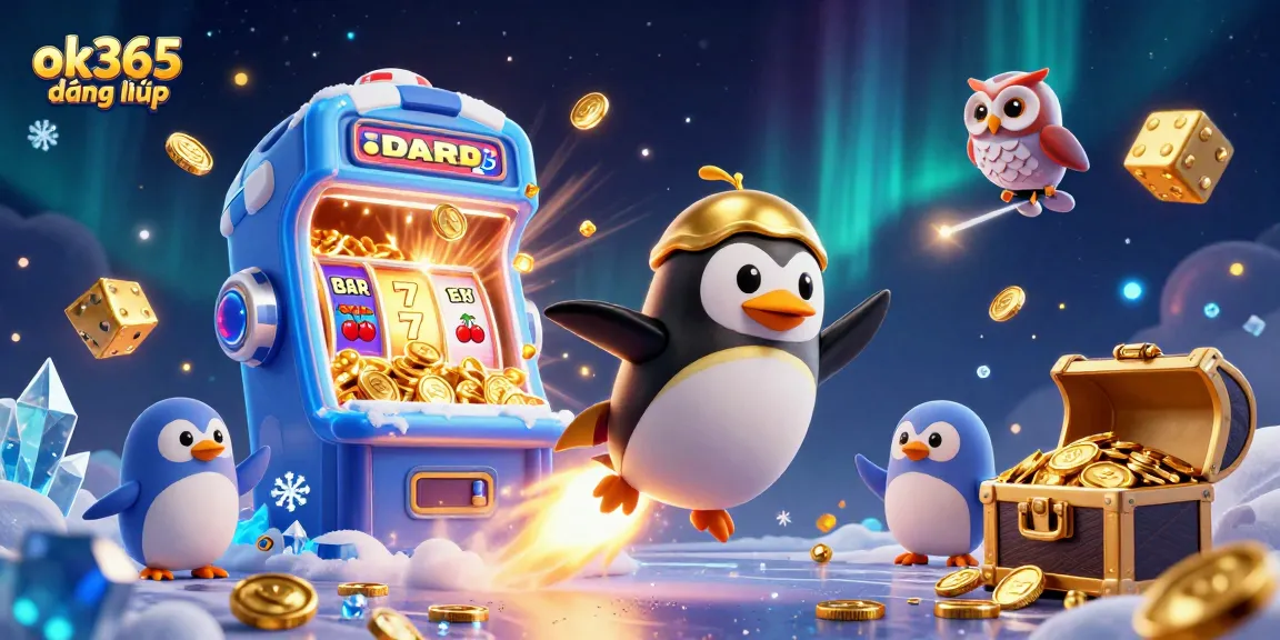 Spin to win with ok365 đăng nhập as the golden penguin enters a vibrant 3D casino world.