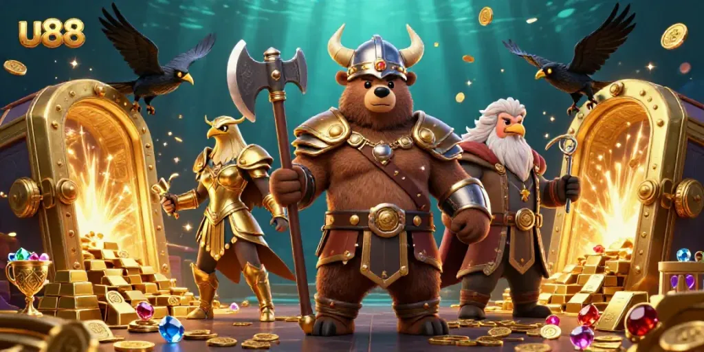 u88 casino action scene featuring a Viking berserker and Valkyrie eagle amidst treasures and gold.