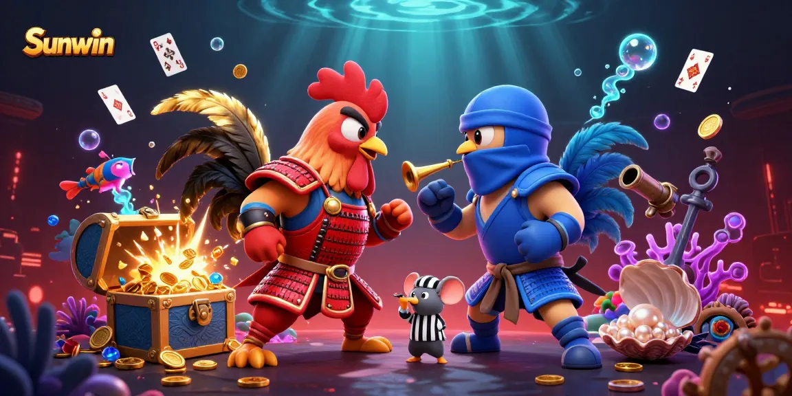 Sunwin promotes thrilling gameplay with dynamic fighting roosters amidst underwater treasure and casino elements.